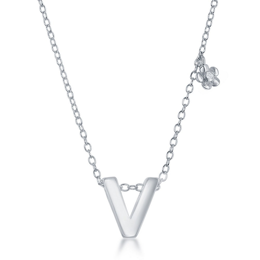 Sterling Silver Shiny "V" with Tiny CZ Flower Necklace and Earrings Set Sets