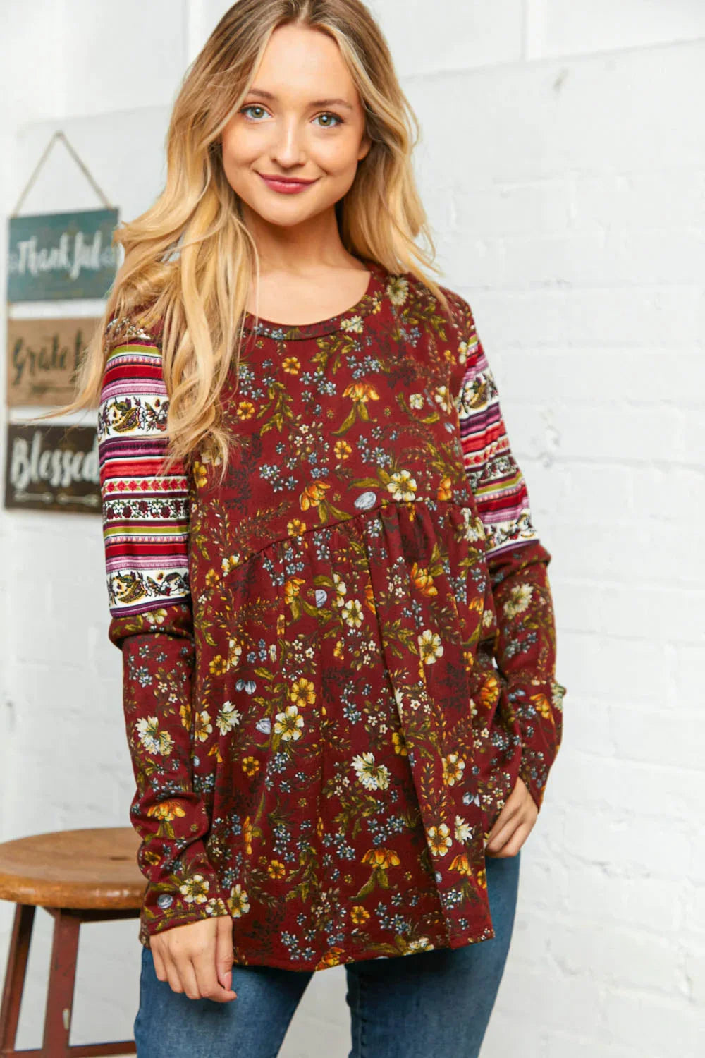 Burgundy Hacci Babydoll Ethnic Sleeve Top | Daverri Fashions