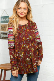Burgundy Hacci Babydoll Ethnic Sleeve Top | Daverri Fashions