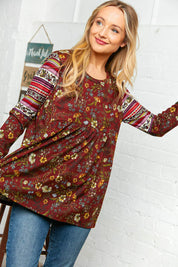 Burgundy Hacci Babydoll Ethnic Sleeve Top | Daverri Fashions