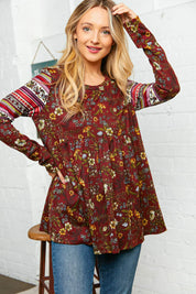 Burgundy Hacci Babydoll Ethnic Sleeve Top | Daverri Fashions