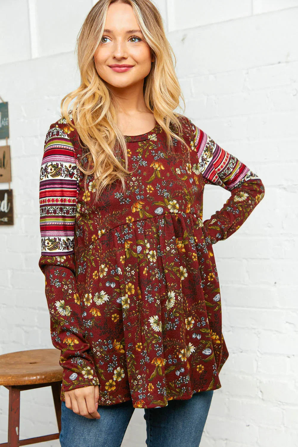 Burgundy Hacci Babydoll Ethnic Sleeve Top | Daverri Fashions
