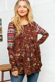 Burgundy Hacci Babydoll Ethnic Sleeve Top | Daverri Fashions
