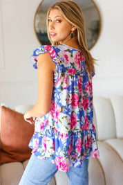 Sky Blue Floral Yoke Flutter Sleeve Keyhole Back Top | Daverri Fashions