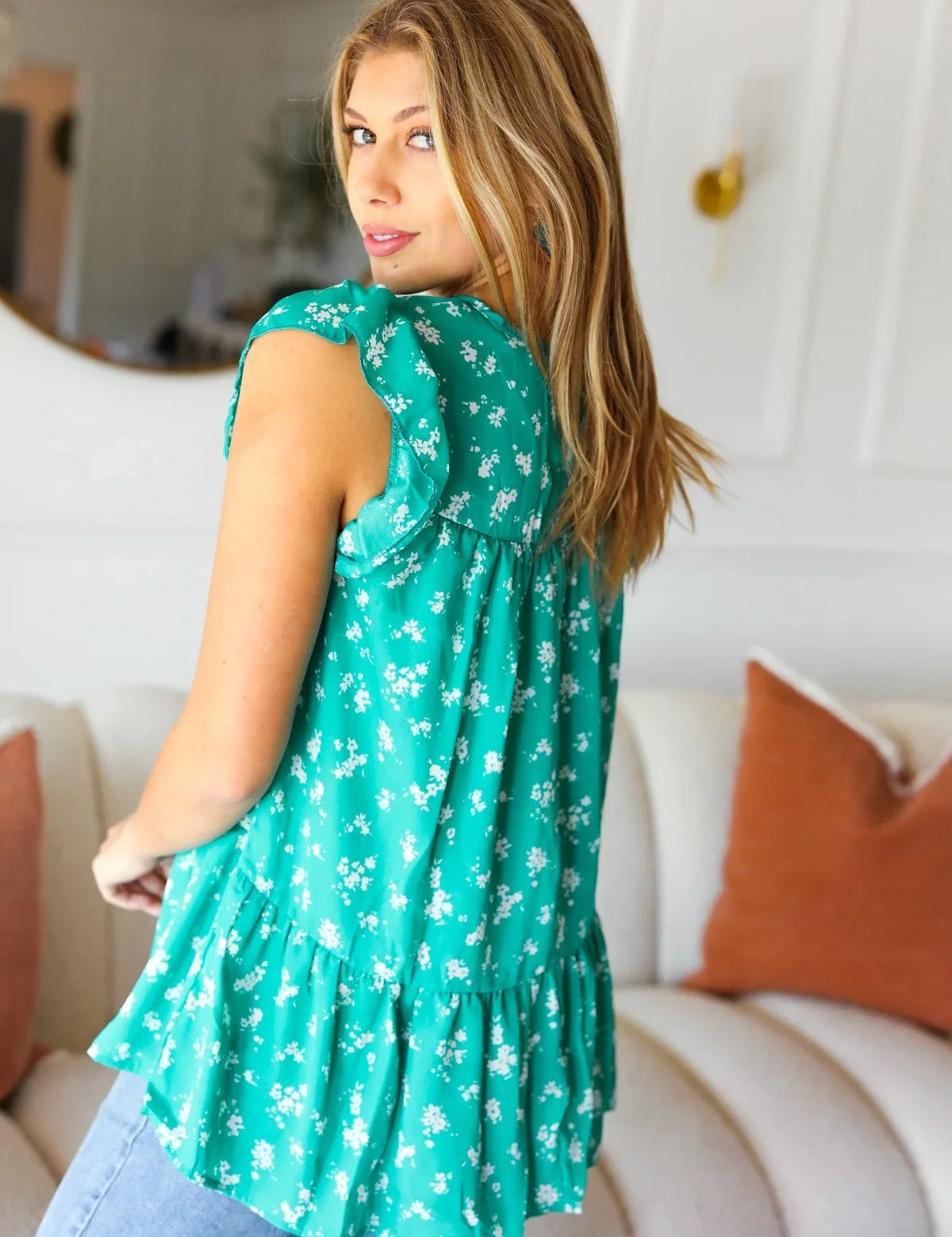 Mint Floral Yoke Flutter Sleeve Keyhole Back Top | Daverri Fashions