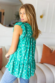 Mint Floral Yoke Flutter Sleeve Keyhole Back Top | Daverri Fashions