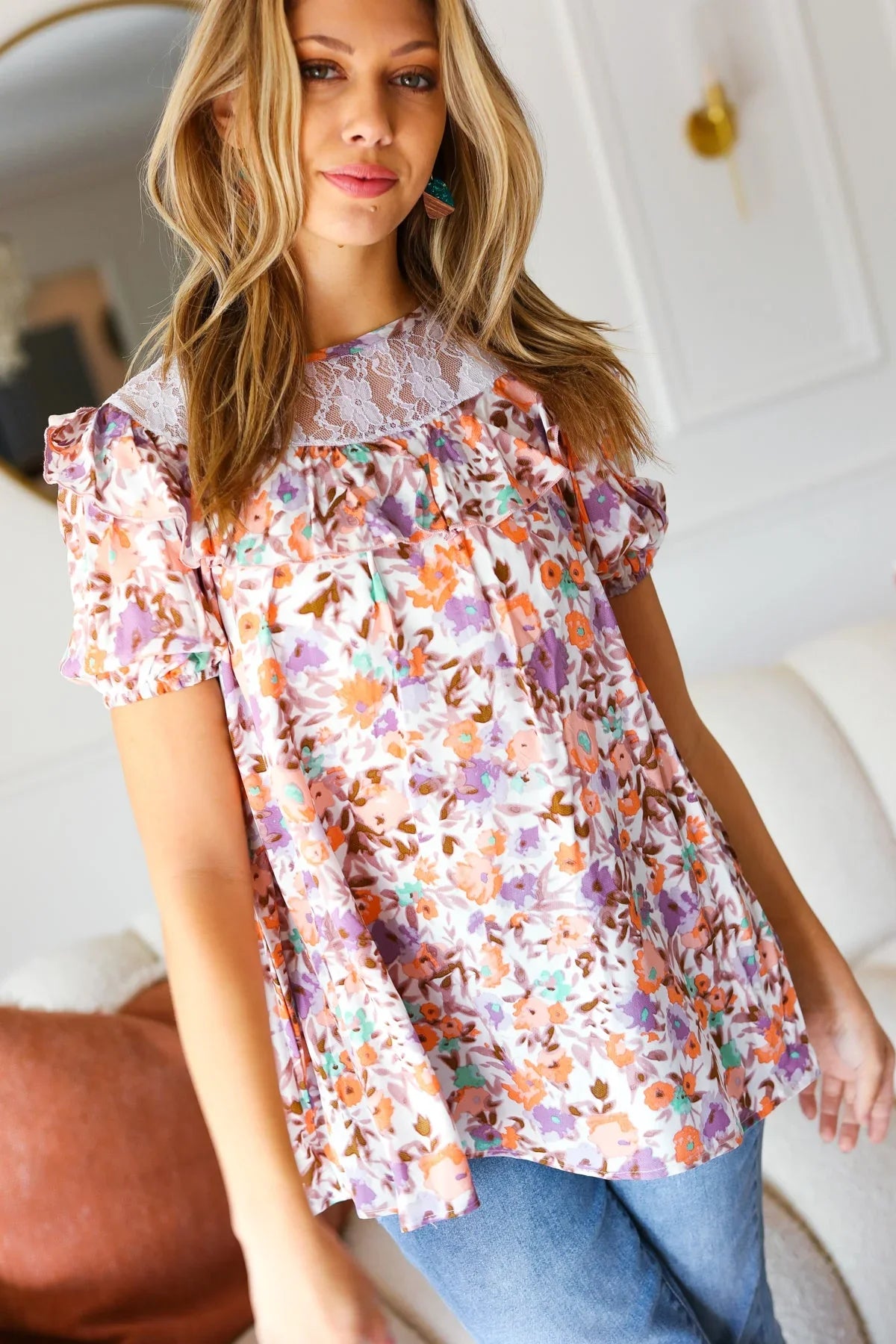 Lavender Watercolor Lace & Ruffle Woven Top | Daverri Fashions