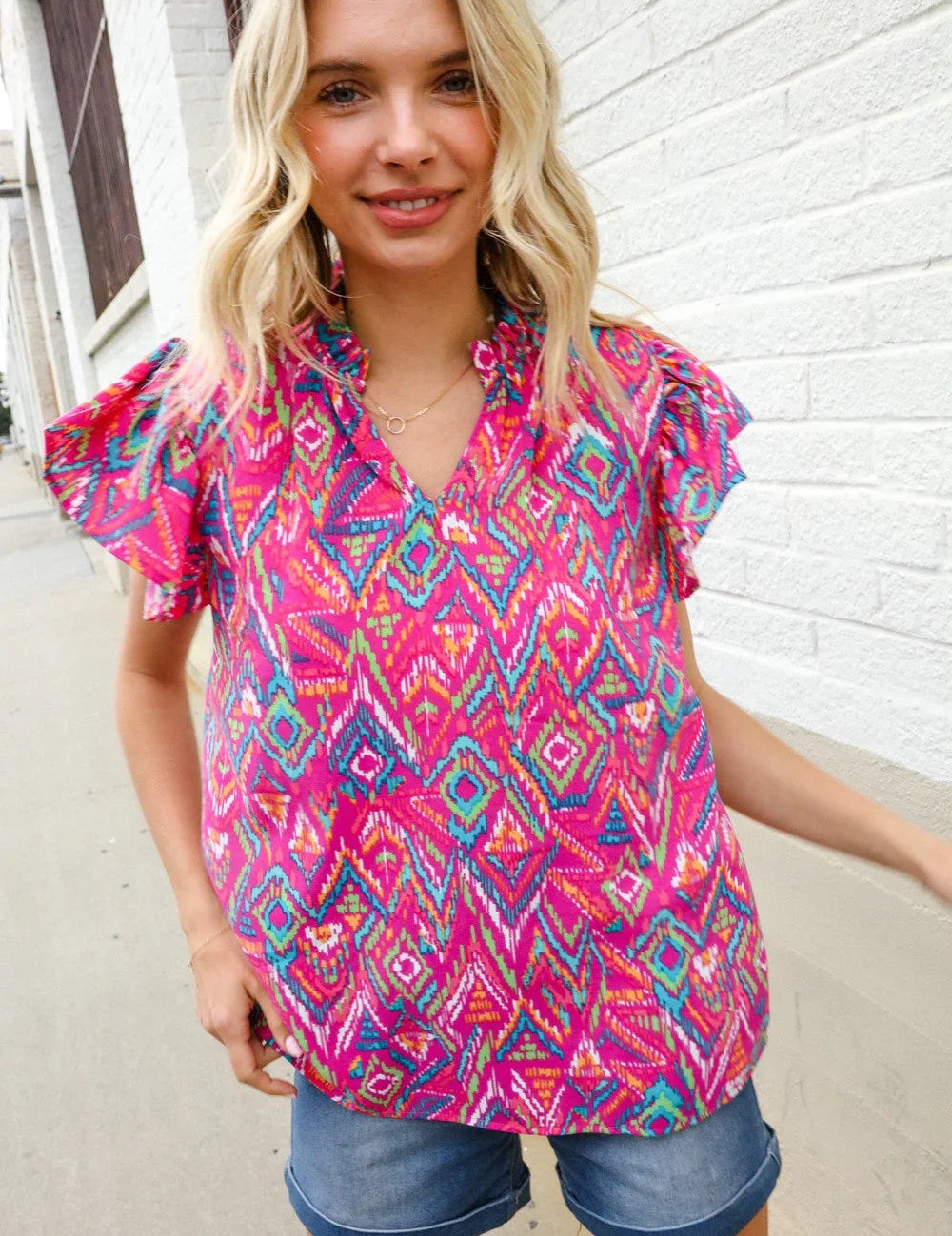 You Got This Fuchsia Abstract Print Notch Frill Neck Blouse | Daverri Fashions