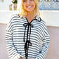 Embrace Joy Black & White Collared Stripe Ribbon Bow Tie Top - DAVERRI FASHIONS