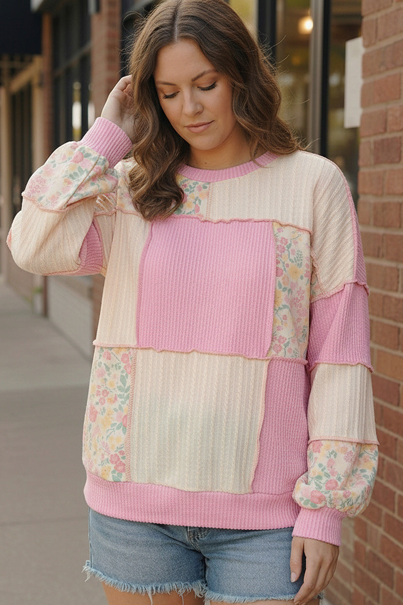 Floral Fields Pink Ribbed Colorblock sweater with pastel patchwork and floral accents