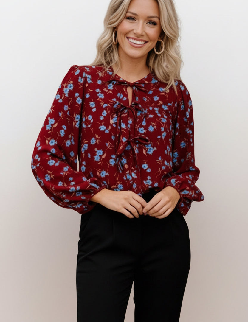 Red Cranberry Bloom floral blouse with long sleeves and keyhole neckline
