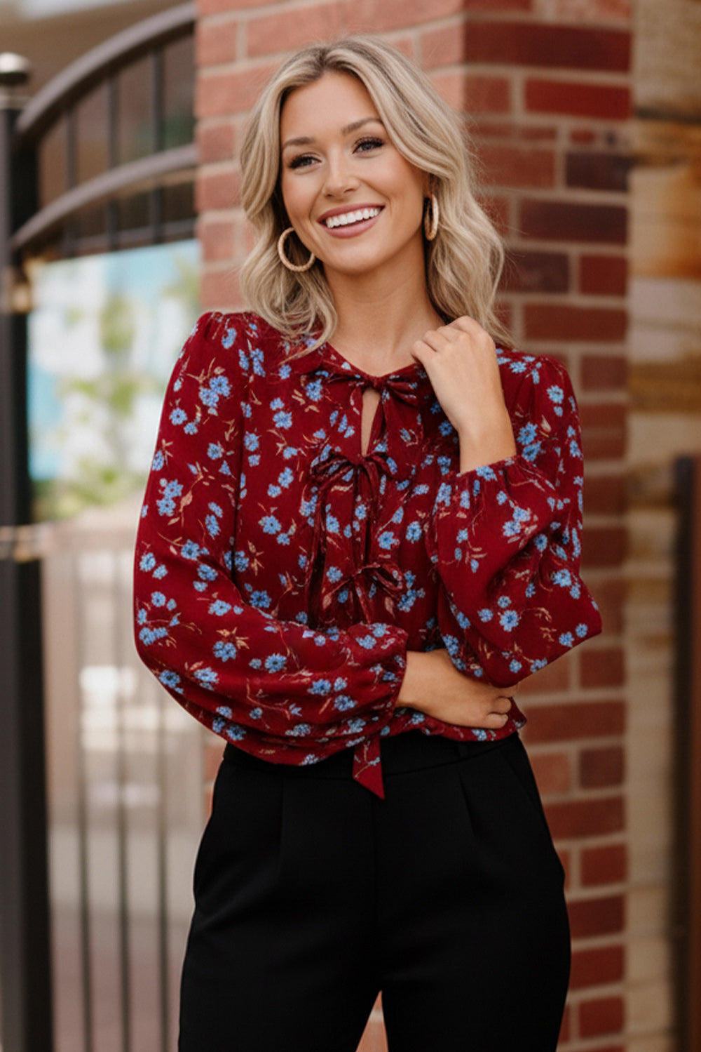 Cranberry Bloom Blouse: floral print with tie neck in burgundy blue