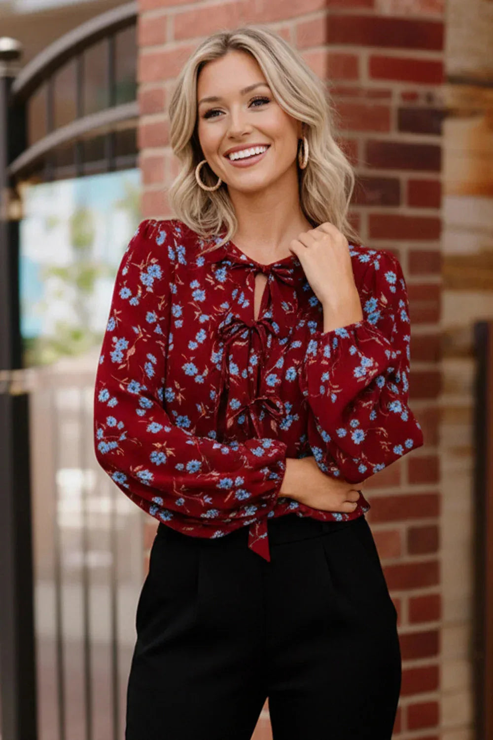 Haptics Front Tie Neck Floral Blouse - DAVERRI FASHIONS