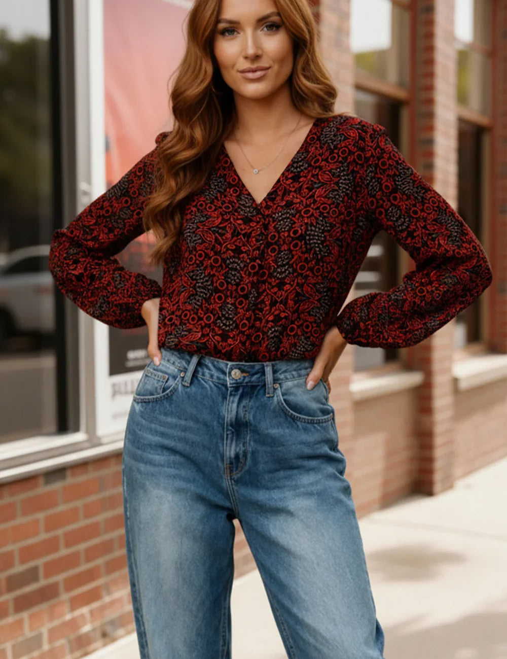 Red and black leopard print long-sleeve V-neck blouse, Tangerine Blooms