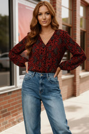 Red and black leopard print long-sleeve V-neck blouse, Tangerine Blooms