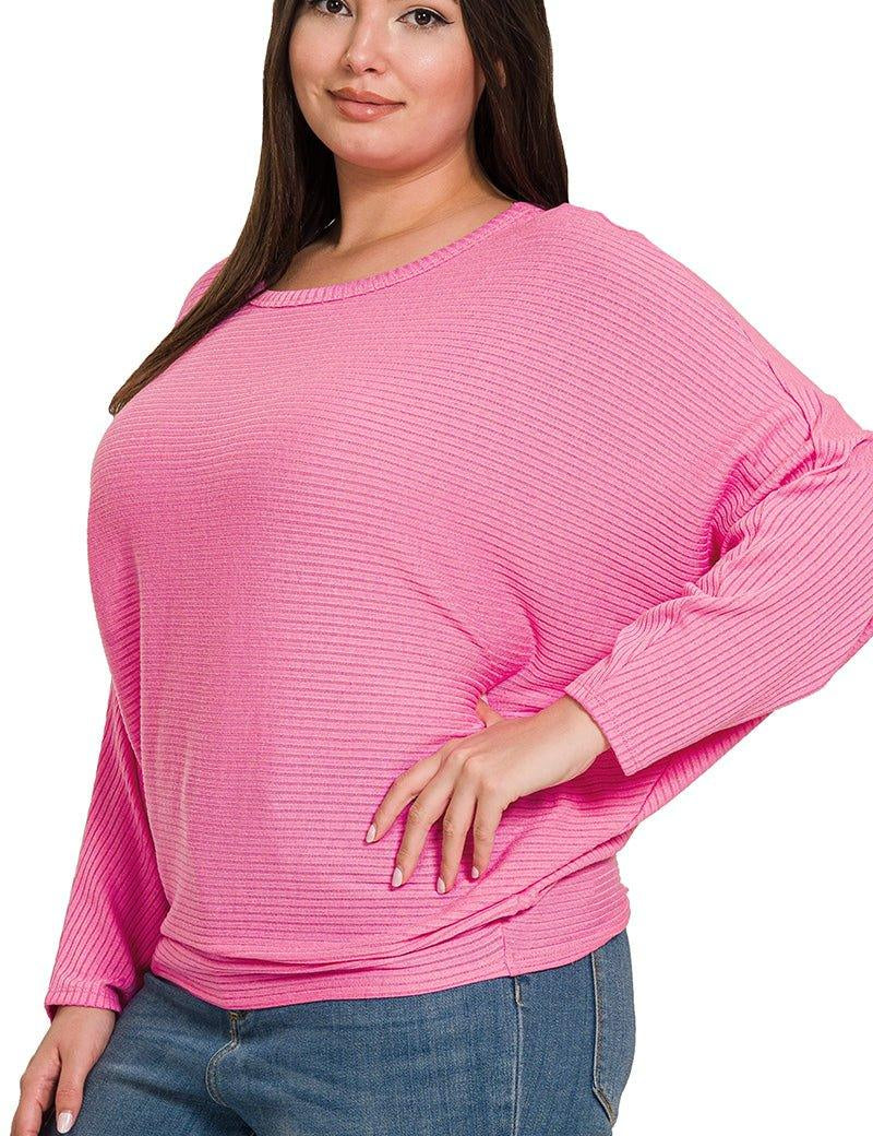 Zenana Plus Batwing Sleeve Knit Top Candy Pink Shirts & Tops