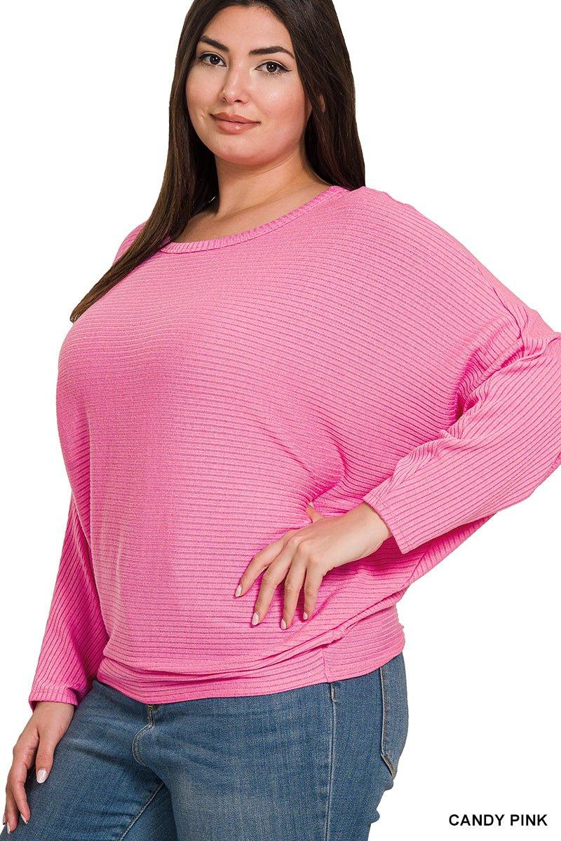 Zenana Plus Batwing Sleeve Knit Top Candy Pink Shirts & Tops