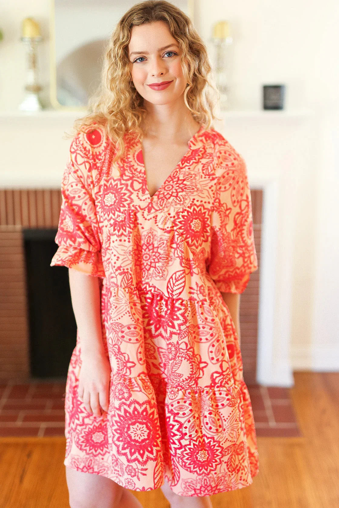 All You Need Peach & Coral Boho Floral V Neck Dress | Daverri Fashions