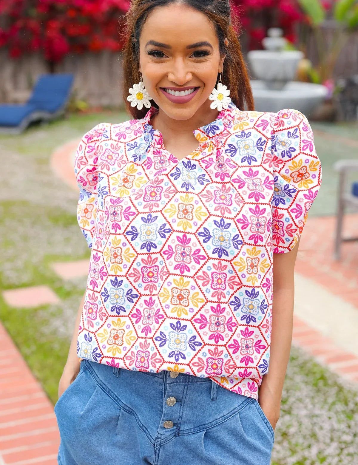 Beautiful You Ivory Floral Lace Frill Notch Neck Puff Sleeve Top | 07-01-25 Summer Sale Daverri Fashions