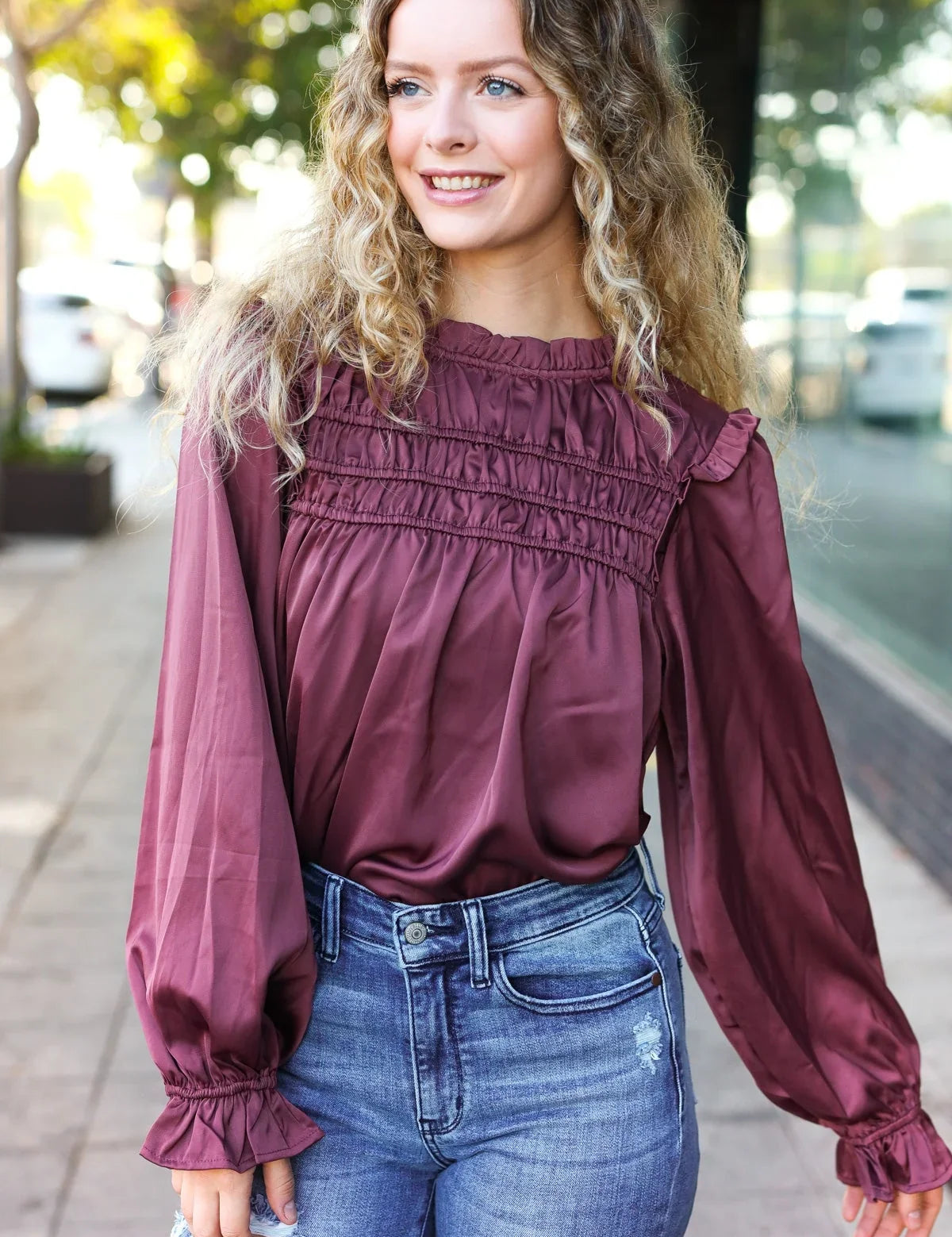 Be Your Best Wine Satin Shirred Yoke Frilled Mock Neck Top | Daverri Fashions