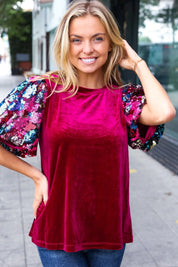 Diva Dreams Wine Floral Sequin Puff Sleeve Velvet Top | Daverri Fashions