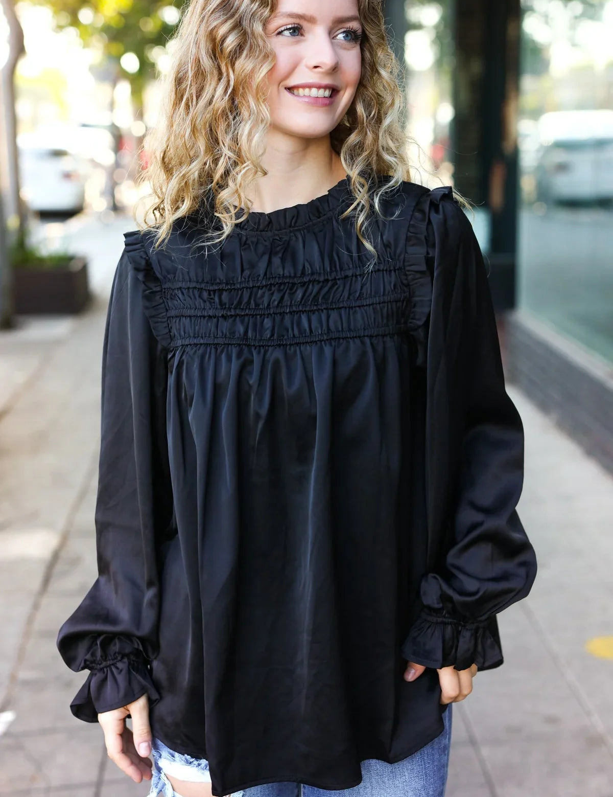 Be Your Best Black Satin Shirred Yoke Frilled Mock Neck Top | Daverri Fashions