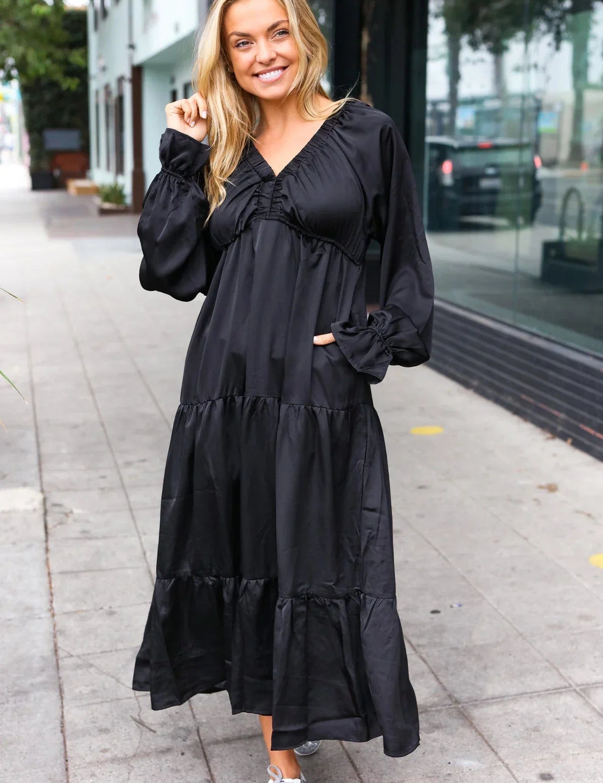 Elegant Black Elastic V Neck Tiered Satin Maxi Dress | 2024 Blow-Out Sale Daverri Fashions