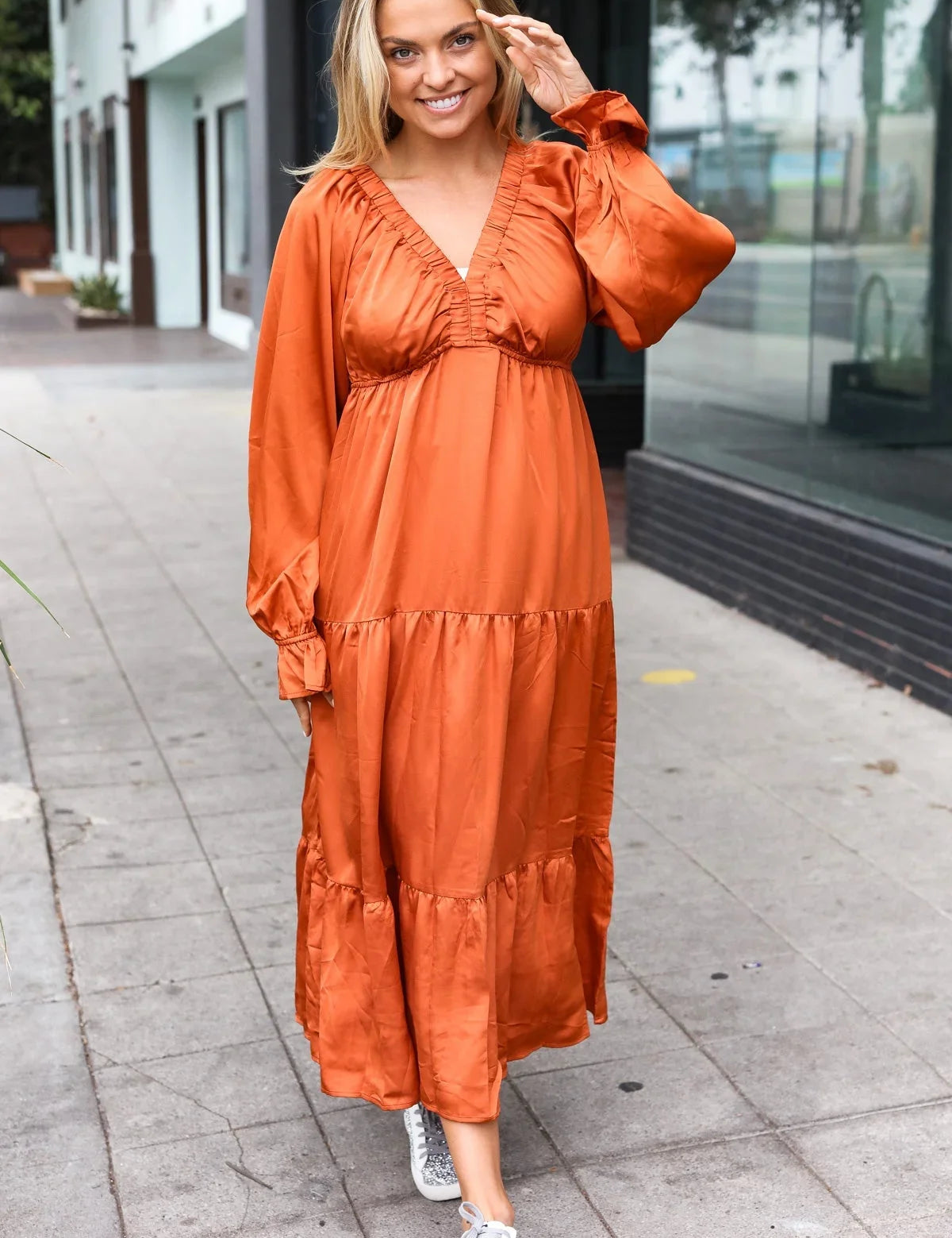 Elegant Rust Elastic V Neck Tiered Satin Maxi Dress | Daverri Fashions