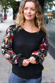 Diva Dreams Black Floral Sequin Mesh Sleeve Rib Knit Top | Daverri Fashions