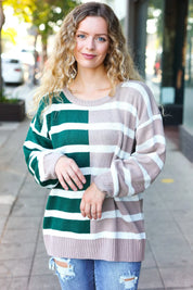 Hunter Green & Taupe Striped Color Block Sweater | Daverri Fashions