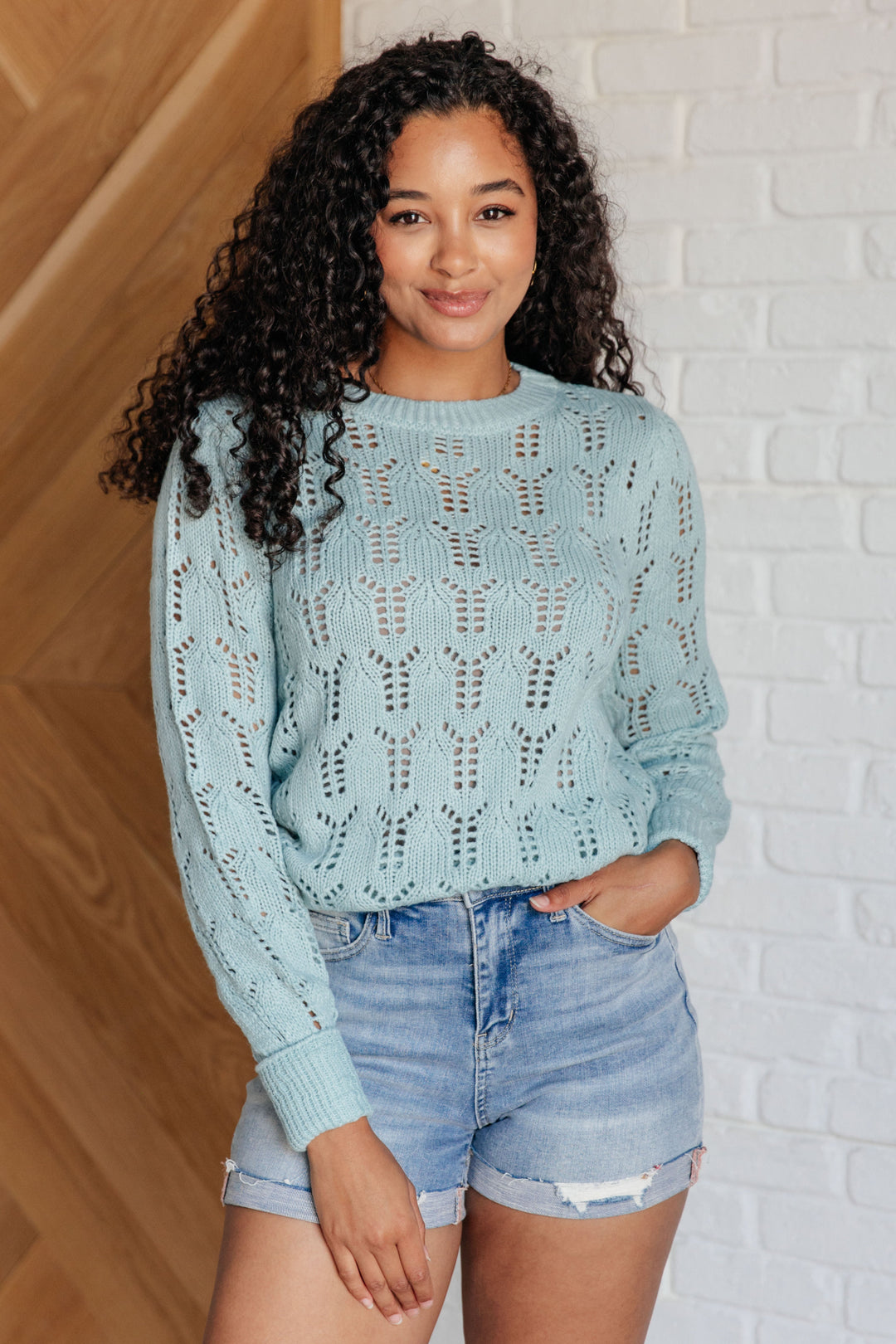 Hole In One Sheer Pointelle Knit Sweater Tops