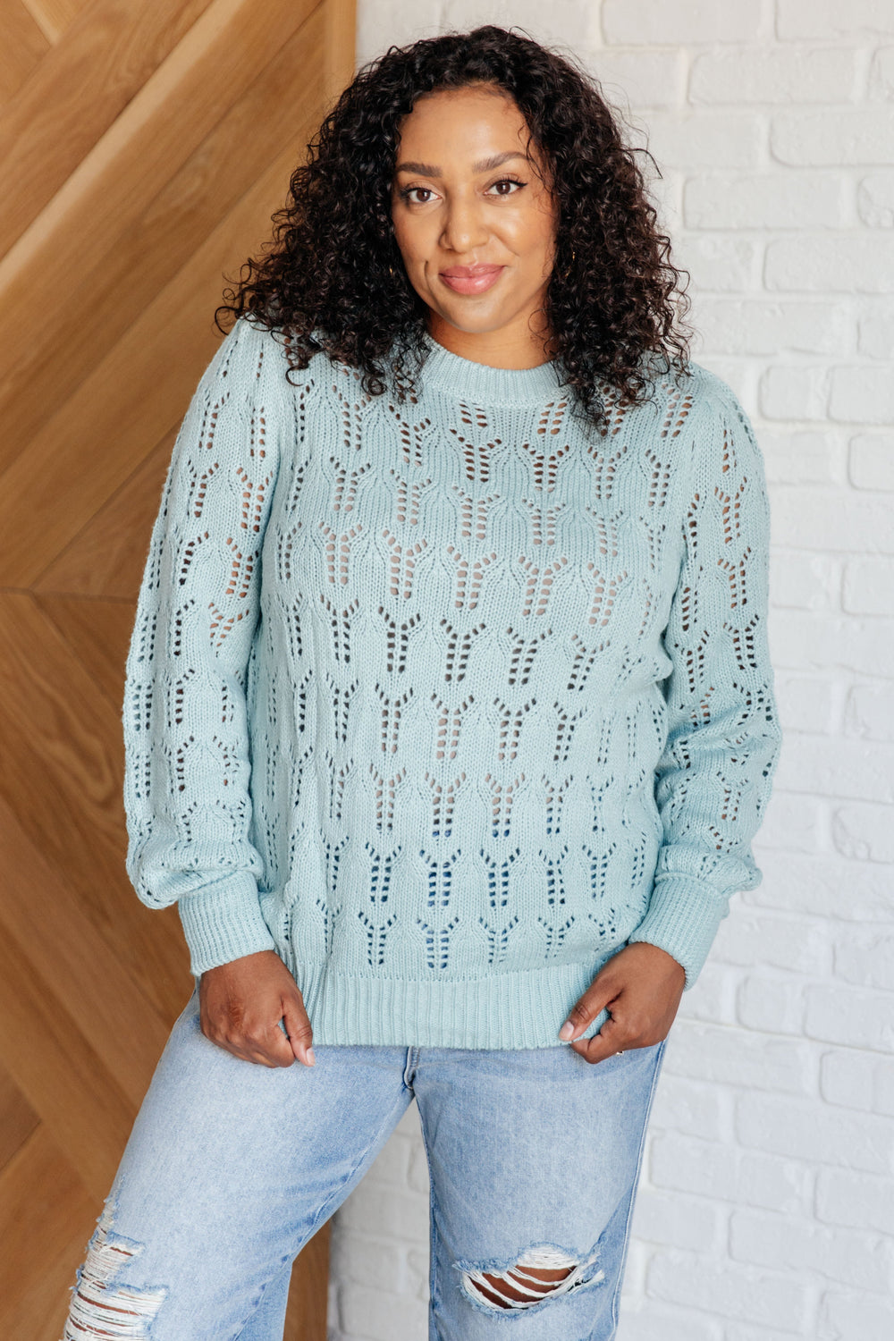 Hole In One Sheer Pointelle Knit Sweater Tops