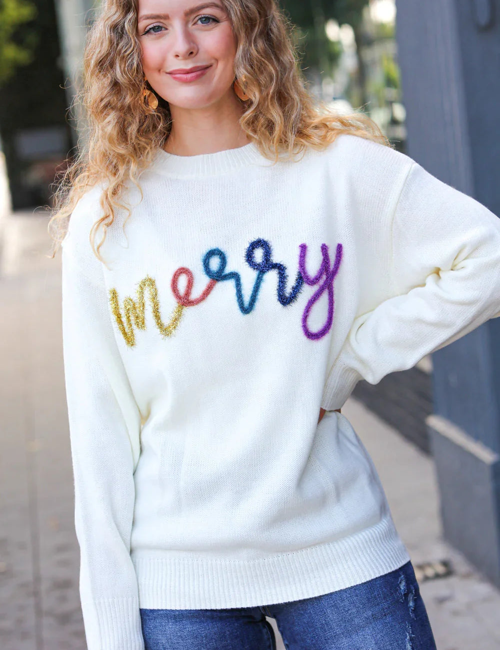 More the Merrier White Pop Up Lurex Sweater | Daverri Fashions