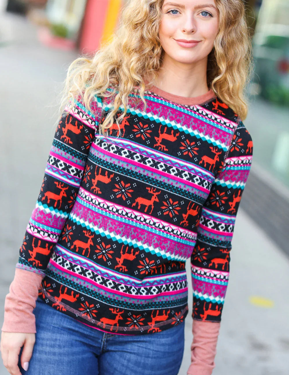 Christmas Ready Black & Fuchsia Reindeer Print Thermal Top | Daverri Fashions