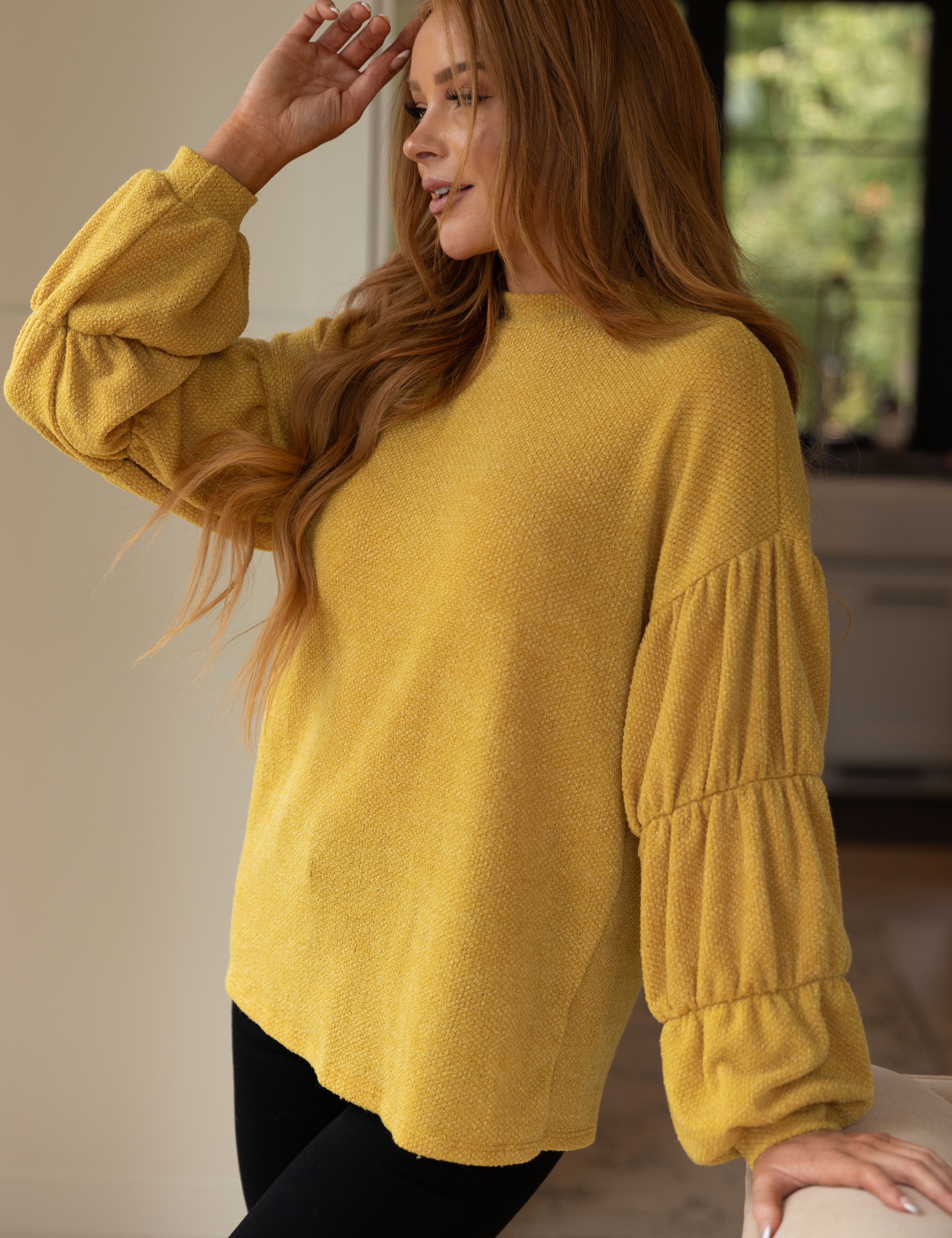 GeeGee Balloon Sleeve Waffle Knit Sweater Tops