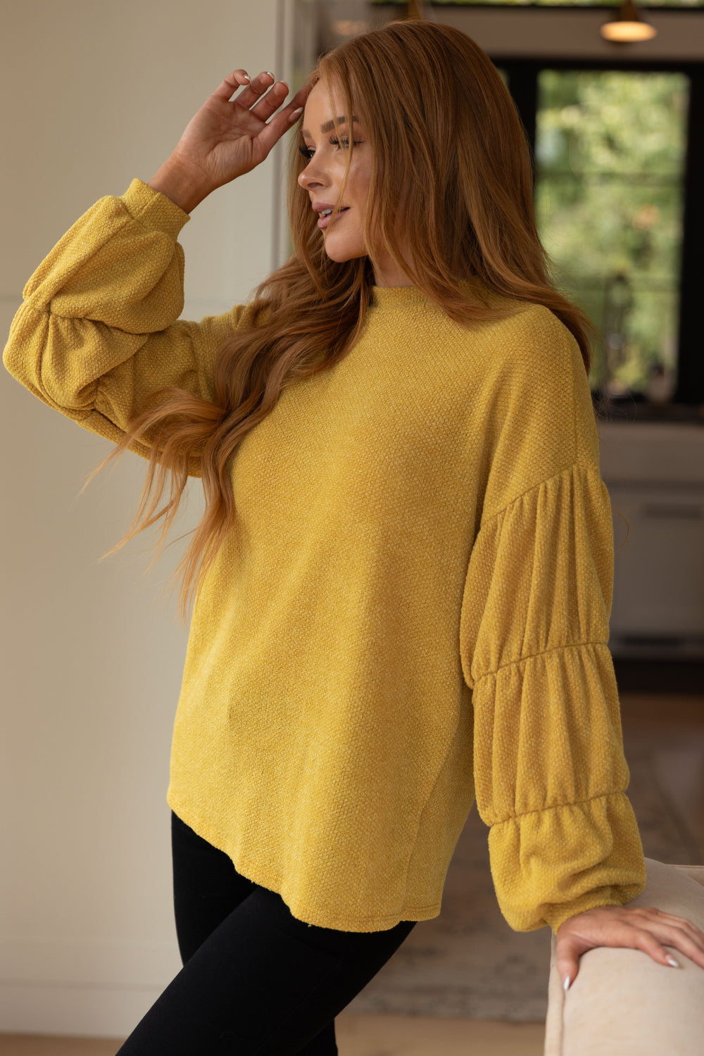 GeeGee Balloon Sleeve Waffle Knit Sweater Tops