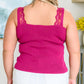Fuchsia ribbed knit tank top with lace trim straps in Berry