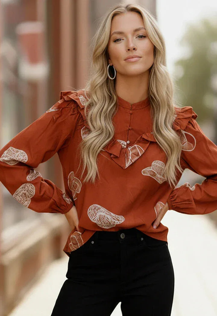 Fantastic Fawn Cowboy Hat Cotton Blouse - DAVERRI FASHIONS
