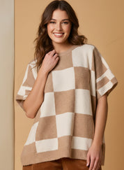 Checkered beige and cream loose drop shoulder half sleeve knit sweater