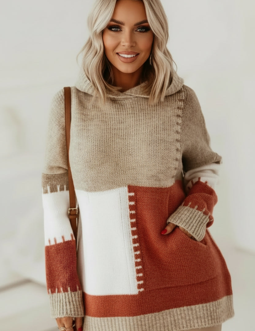 Beige and rust color block hooded sweater with kangaroo pocket
