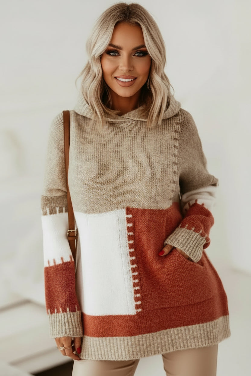 Beige and rust color block hooded sweater with kangaroo pocket