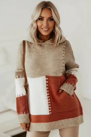 Beige and rust color block hooded sweater with kangaroo pocket