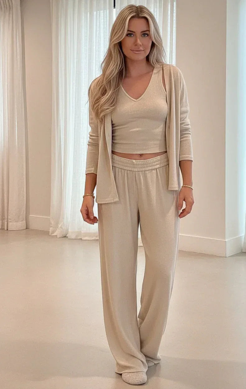 Daverri Fashions V-Neck Tank, Open Front Cardigan and Pants Lounge Set - DAVERRI FASHIONS