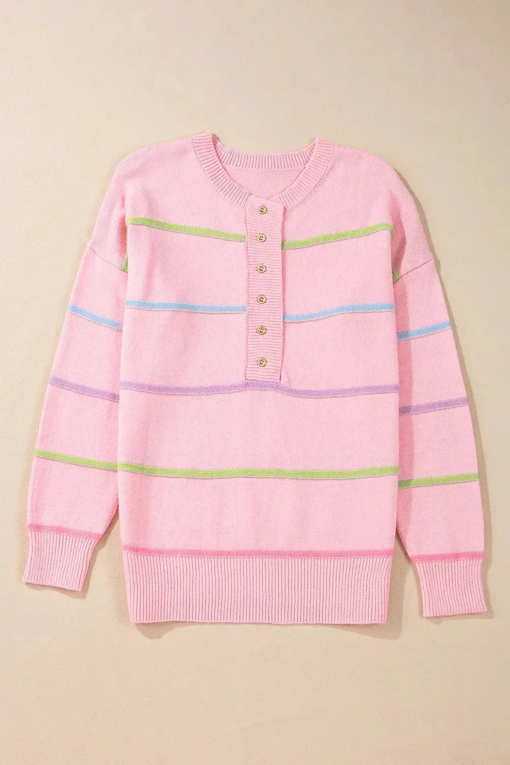 Pastel pink striped half button round neck loose fit sweater