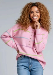 Pink contrast striped half-button round neck sweater with jeans