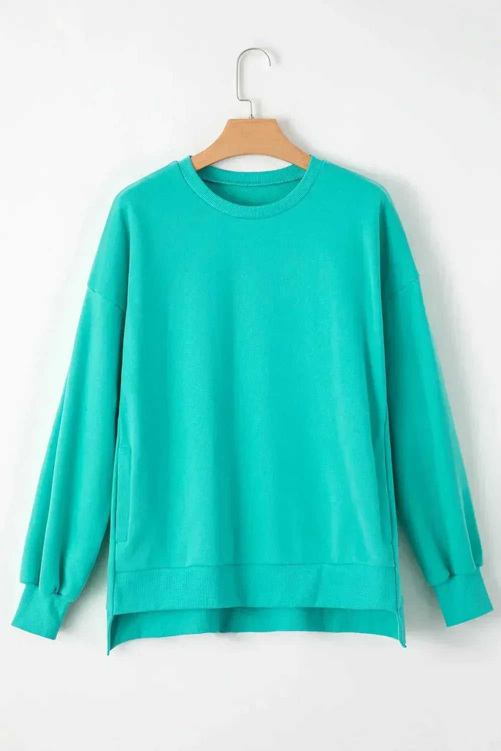 Teal round neck long sleeve sweatshirt with relaxed fit