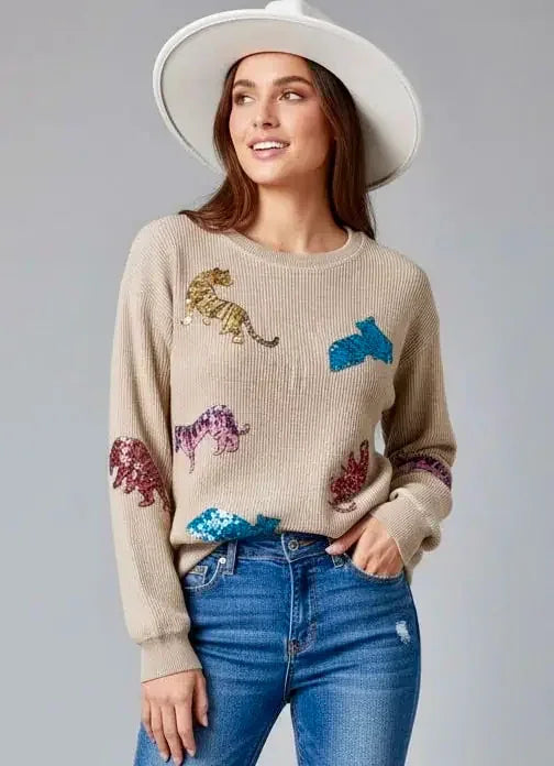 Beige Animal Sequin Dropped Shoulder Sweatshirt with colorful patches