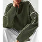 Olive green oversized knit sweater with white geometric cuffs, YSL-inspired