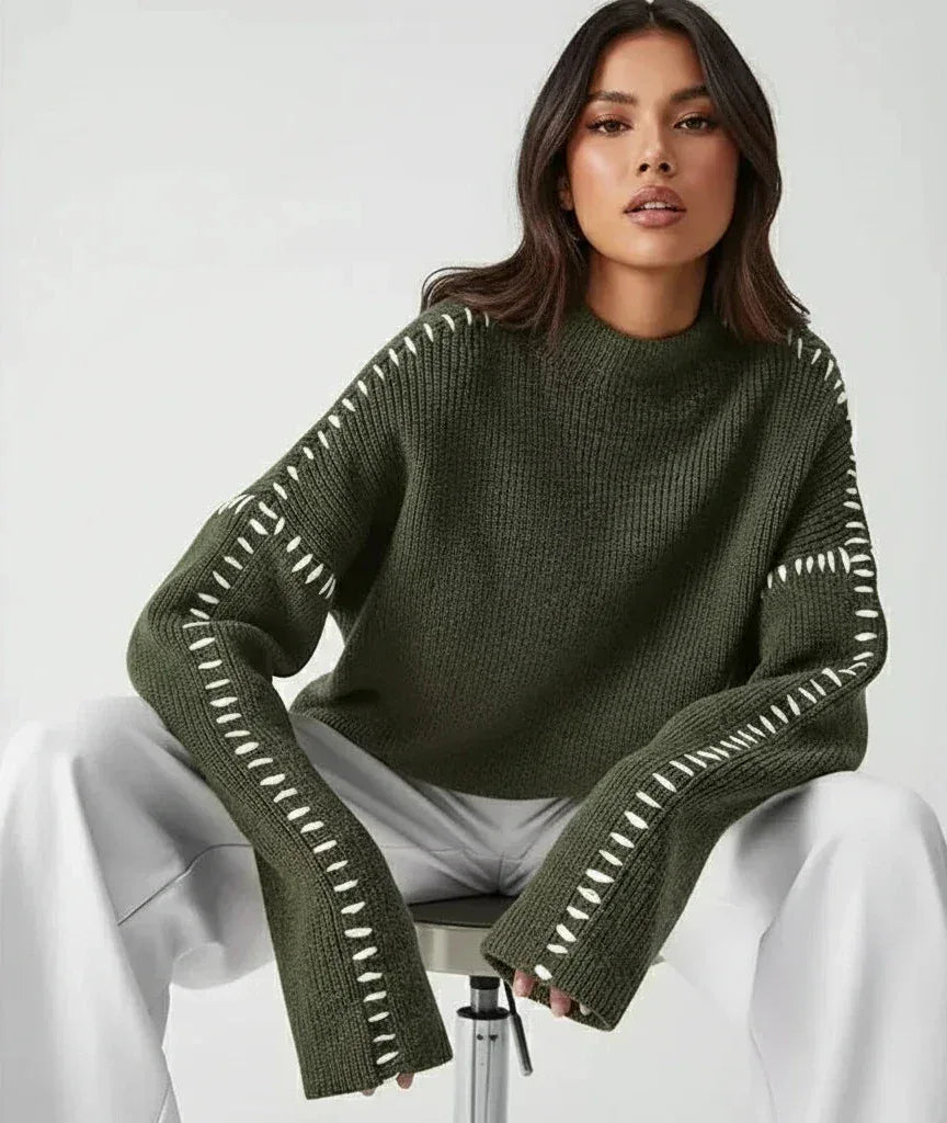 Daverri Fashions olive green contrast mock neck oversized sweater