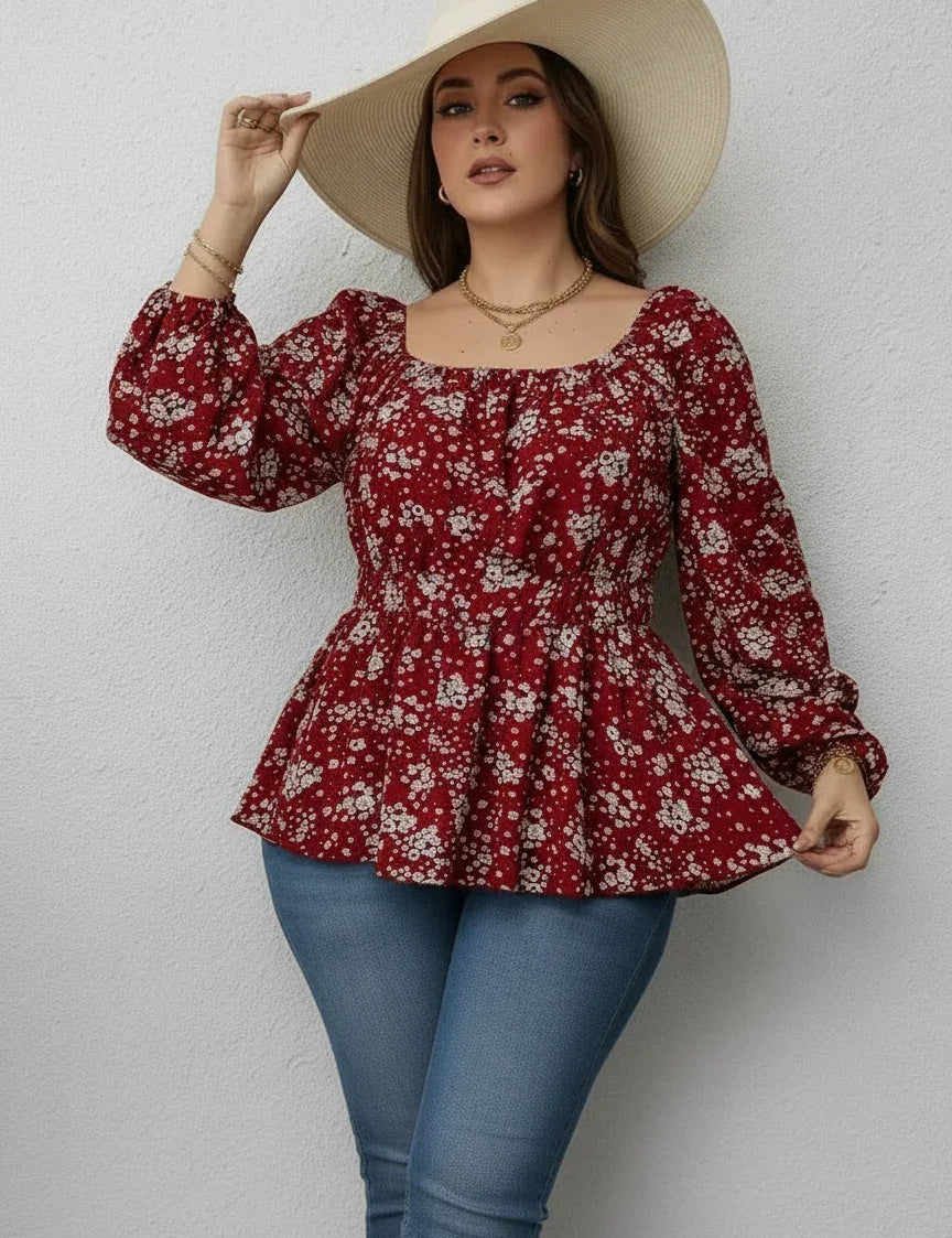 Daverri Fashions Floral Print Square Neck Long Sleeve Peplum Blouse - DAVERRI FASHIONS